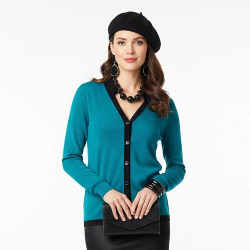 Misook Teal Blue & Black Long Sleeve Button Front Cardigan Sweater MP